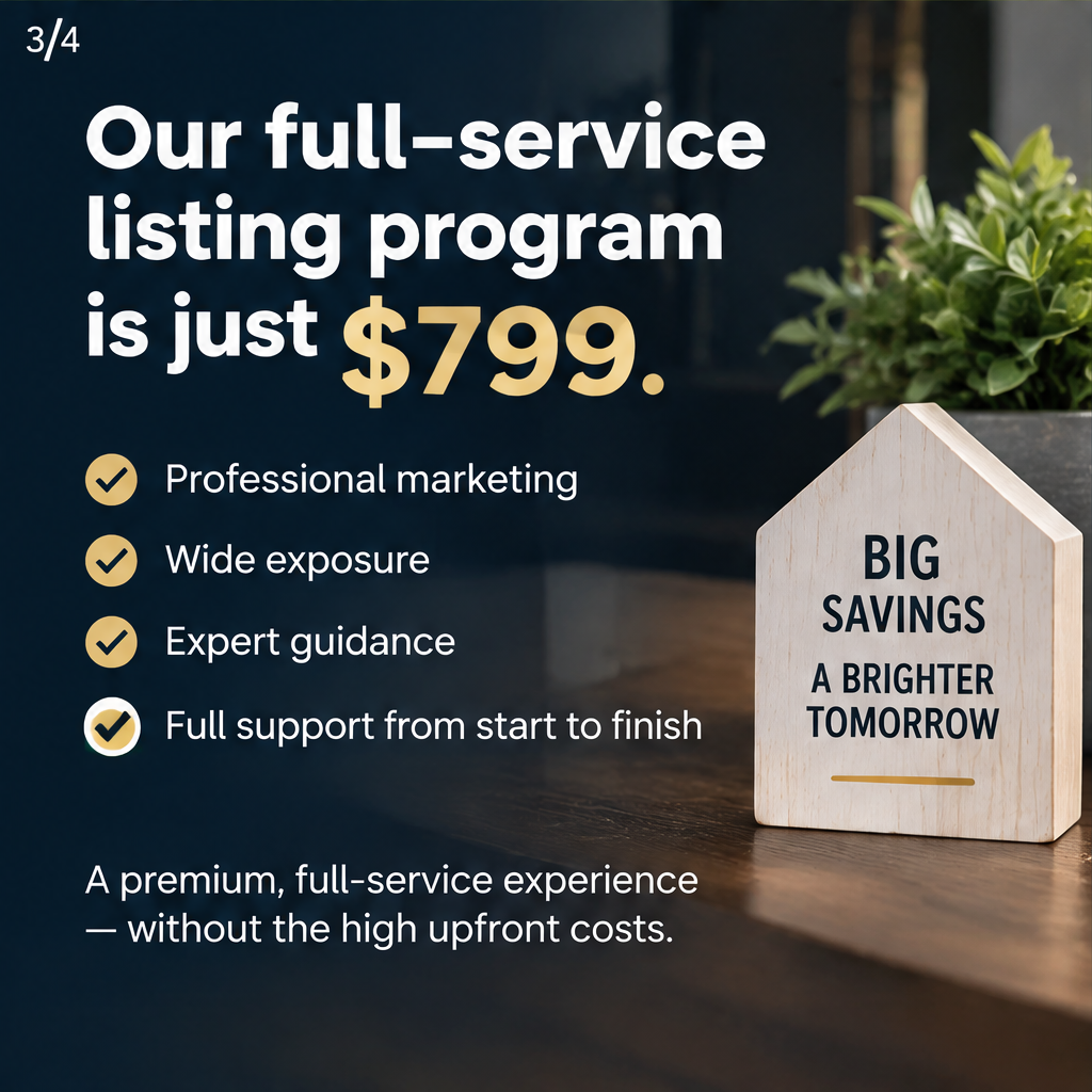 If you're tired of paying high commission rates—whether it's 7%, 6%, 5%, 4%, or even 3%—to sell your home, consider an alternative with Nu Homes. We offer a comprehensive full-service listing — slide 3 of 4