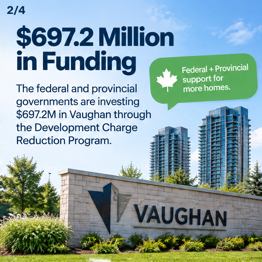 Vaughan receives nearly $700M in housing infrastructure funding as part of provincial-federal development charge reduction policy — slide 2 of 5