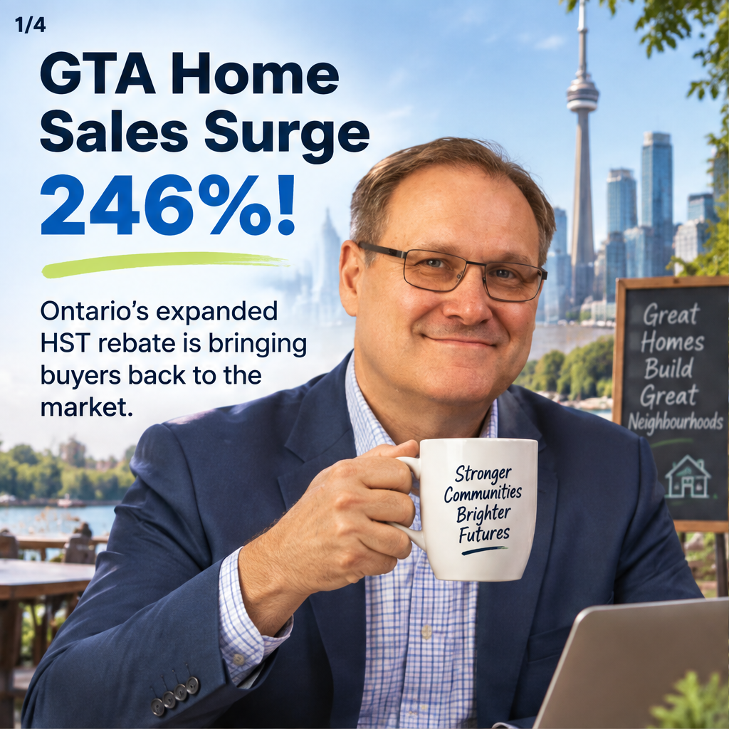 GTA new single-family home sales surge 246% in July as Ontario's expanded HST rebate drives buyers back to market — slide 1 of 4
