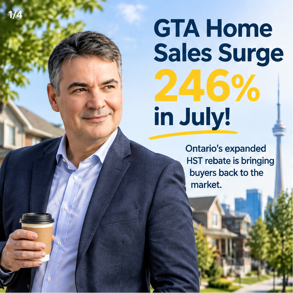 GTA new single-family home sales surge 246% in July as Ontario's expanded HST rebate drives buyers back to market — slide 1 of 5
