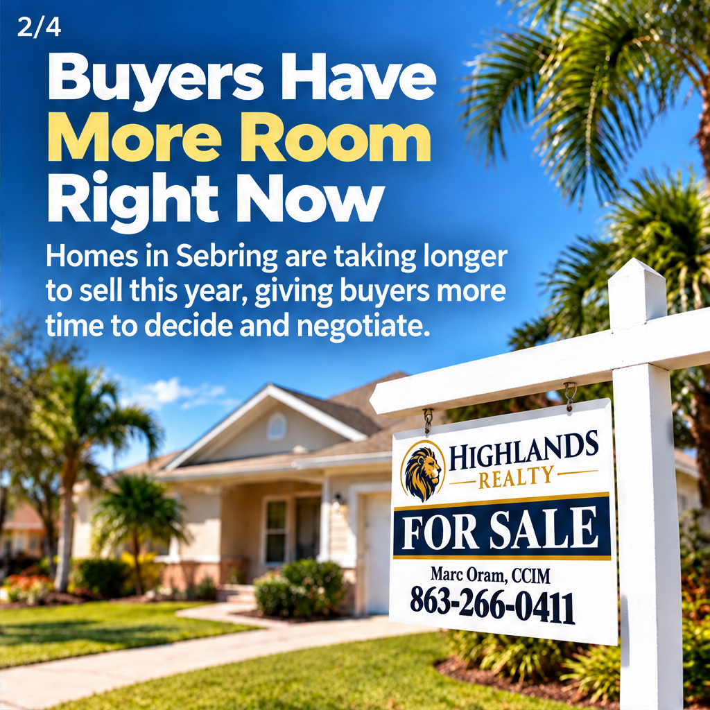 A 4-slide post for buyers, especially South Florida homeowners, considering a move to Highlands County (Sebring, Avon Park, Lake Placid). Key points: homes here cost a fraction of South Flori — slide 2 of 5