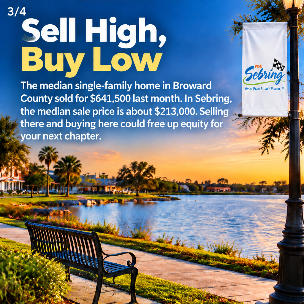 A 4-slide post for buyers, especially South Florida homeowners, considering a move to Highlands County (Sebring, Avon Park, Lake Placid). Key points: homes here cost a fraction of South Flori — slide 3 of 5